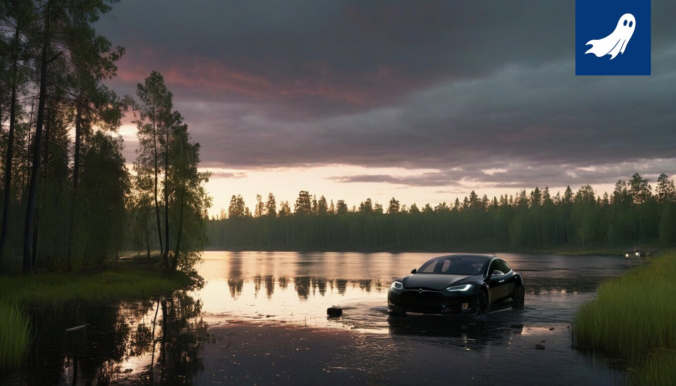 Sarjakuvamainen kuva Näsijärvestä, jonka pohjalla näkyy datakeskus ja Tesla-auto.