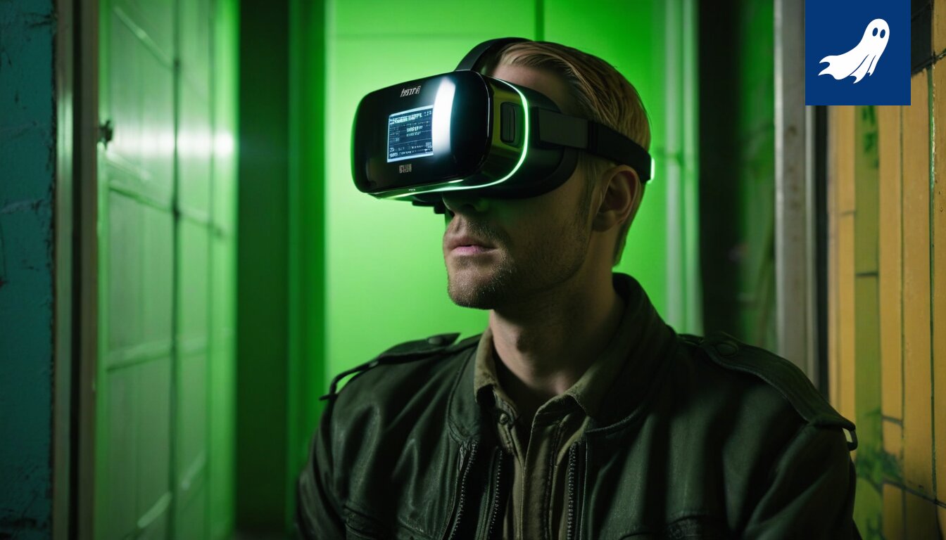 Sarjakuvamainen kuva henkilöstä kytkettynä virtuaalitodellisuuslaitteisiin, ympärillä digitaalisia symboleja ja dopamiinikuplia.