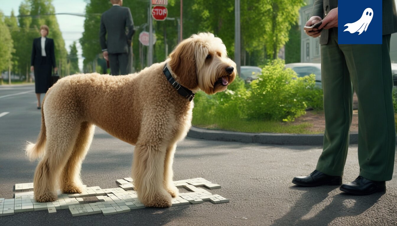 Satiirinen kuva australianlabradoodle-koirasta, joka esitetään osana sijoitusinstrumenttia.
