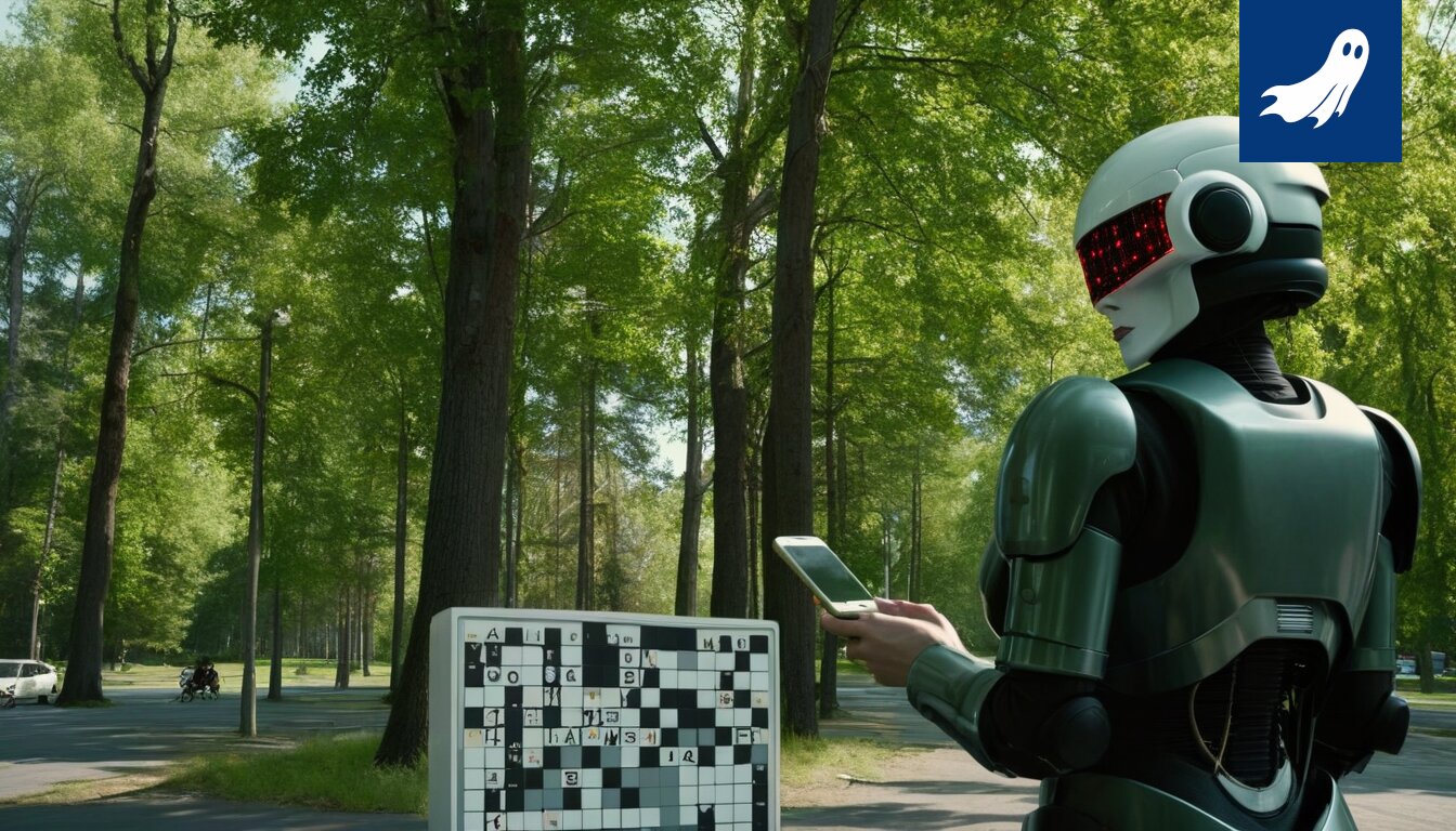 Sarjakuvamainen kuva Nokian kaupungintalosta, jonka edessä seisoo robotti valvontakameran kanssa.