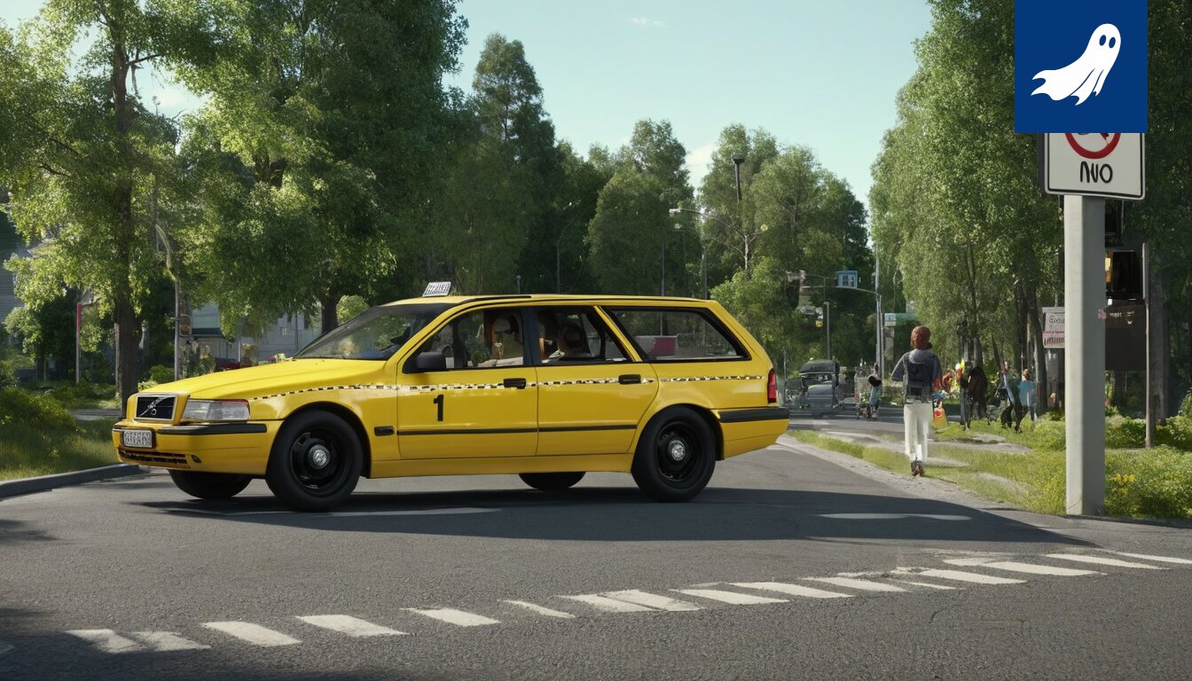 Kolaripaikka Nokialla, jossa näkyy ojaan suistunut auto ja mahdollisesti robottien aiheuttamaa kaaosta.