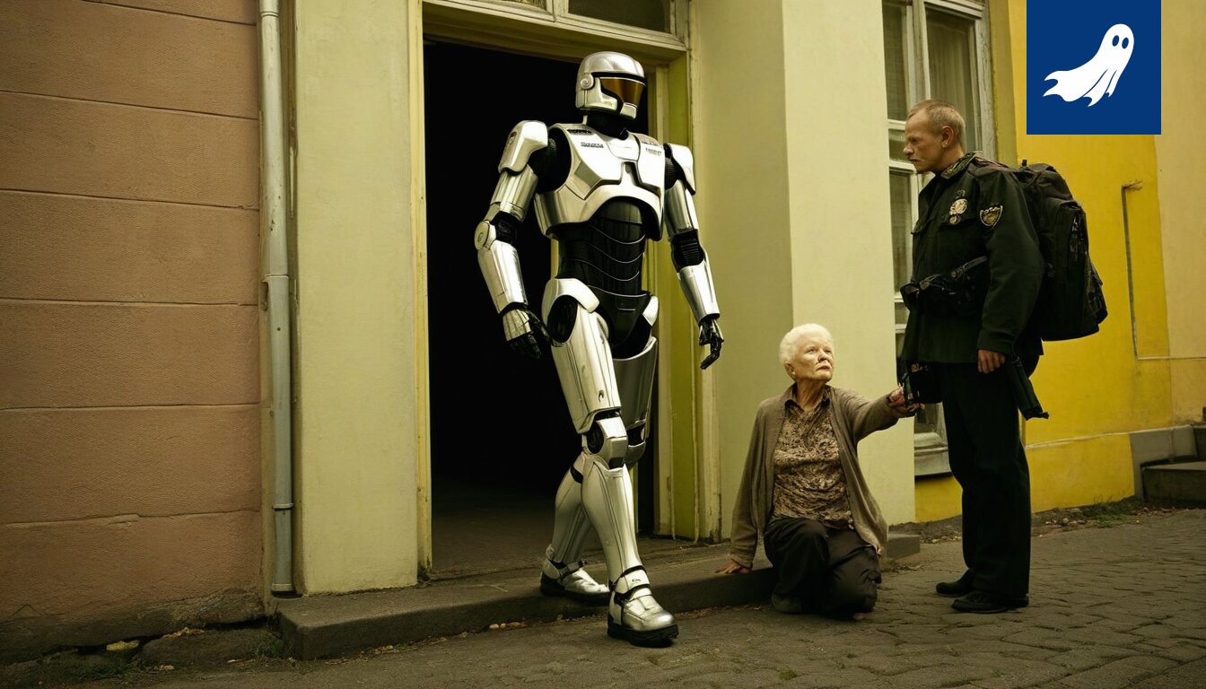Robocop-hahmo rappukäytävässä, mainostamassa itsevarmistuskursseja ja piikkiliivejä.