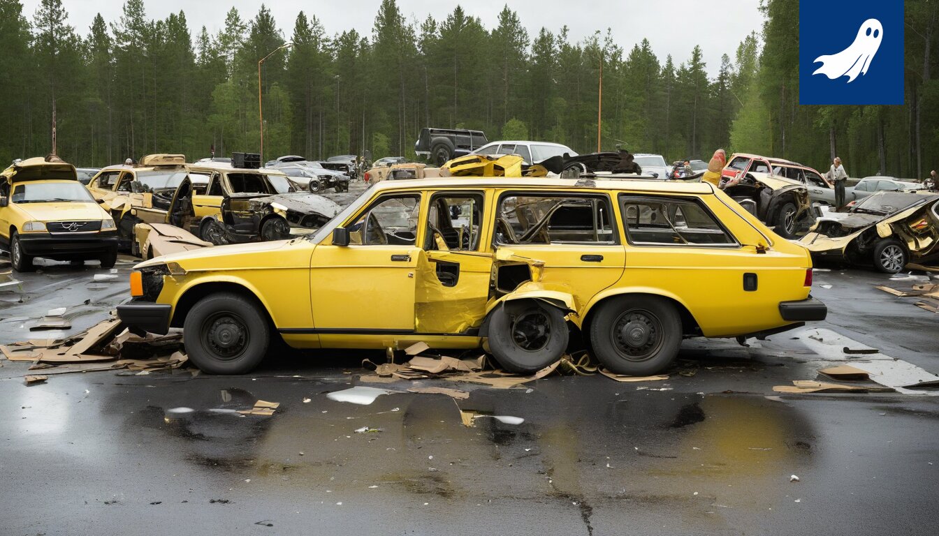 Kuva moottoritiekolarista, jossa näkyy autoja ja mahdollisesti voimistelijoita sekaisin.