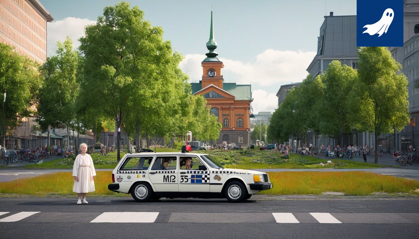 Pastellisävyinen robotti juoksee Tampereen katukuvassa, symboloiden uutta kuntoratkaisua.