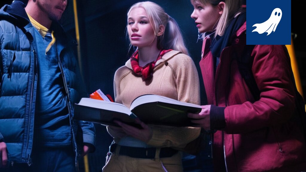 Näytelmän "Hildur" lavastus, jossa Antti Tiensuu ja Piia Soikkeli esiintyvät robottipoliisien valvonnassa.