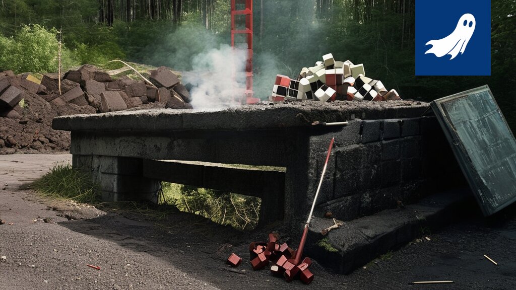 Haiharan kartanon rauniot ja niiden tilalle rakennettava futuristinen robottilinnoitus, satiirinen kuva.