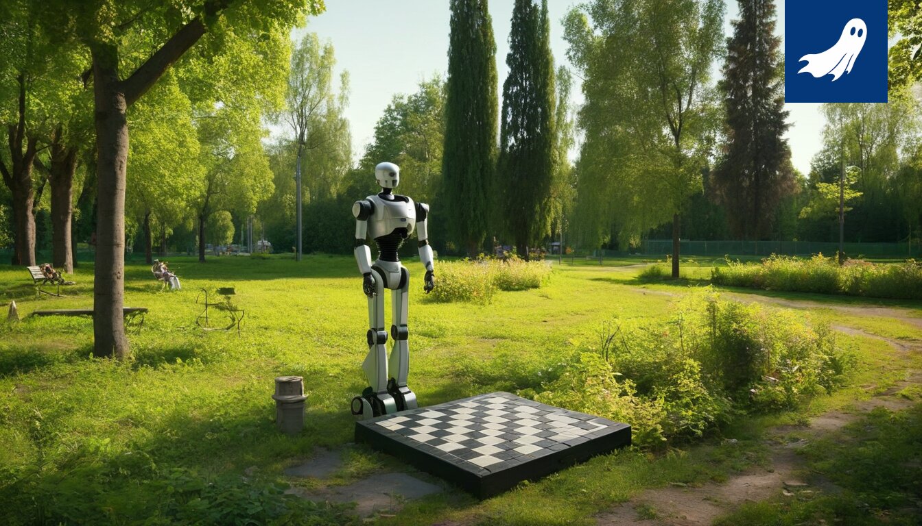 Hämeenpuiston maisema, jossa robottivartijat ohjaavat kävelijöitä mindfulness-harjoituksiin.