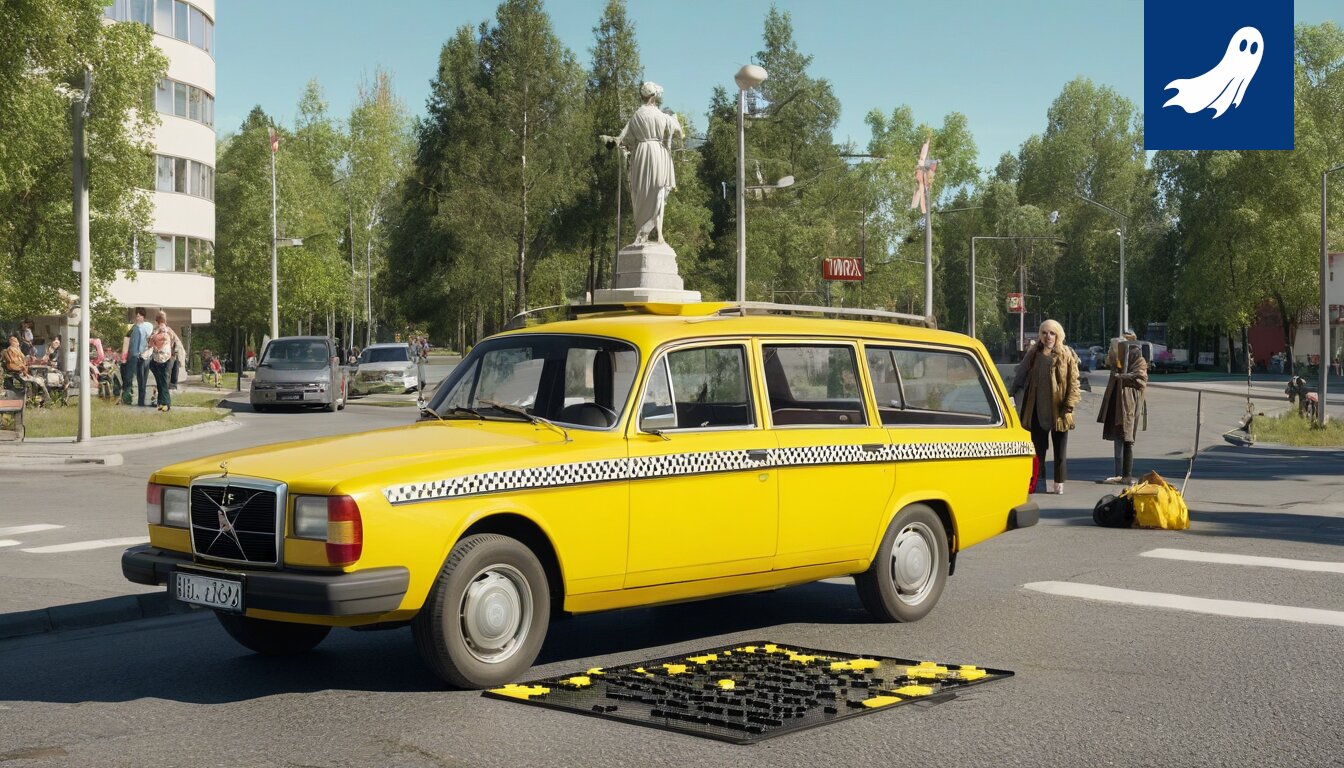 Sarjakuvamainen kuva taksista, jossa on kultahopean logo, ajamassa Tampereen keskustan läpi.
