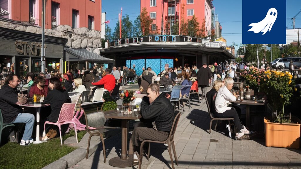 Sarjakuvamainen kuva Tampereen terassista, jossa ihmiset istuvat sensoreilla varustetuissa tuoleissa ja heidän hyvää mieltään kerätään sähköksi.