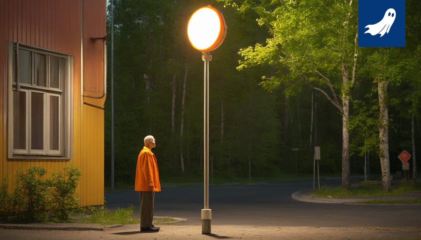 Valotolppa Tampereella, jonka kyljessä lukee 'Pete Hietanen -turvatarkastus', kuvaa satiirisen uutisartikkelin aihetta.
