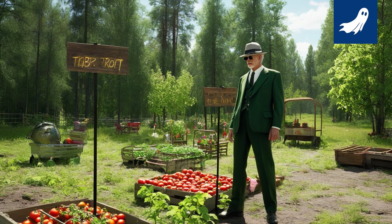 Satirinen kuva Liettuan siirtolapuutarhasta, jossa mökit on listattu pörssiin ja mökkiläiset kilpailevat kasvimaa-datasta.
