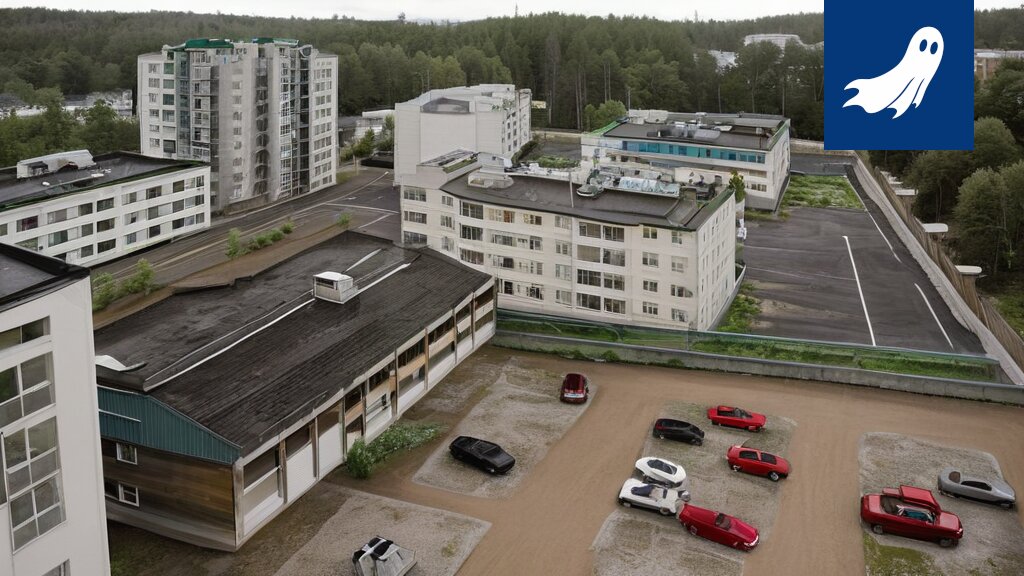 Satirinen kuva betonibunkkerista ja digitaalisesta asunnosta, joka viittaa uuteen asumiskonseptiin.