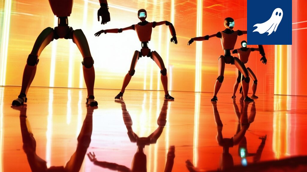 Satiirinen kuva Tampereen metsästä, jossa humanoidirobotit juoksevat puuston keskellä.