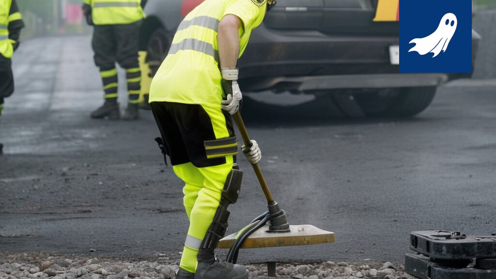 Robottipoliisi Robocop ohjaa liikennettä Tampereella suorilla rampeilla päällystystöille, aiheuttaen kaaosta.