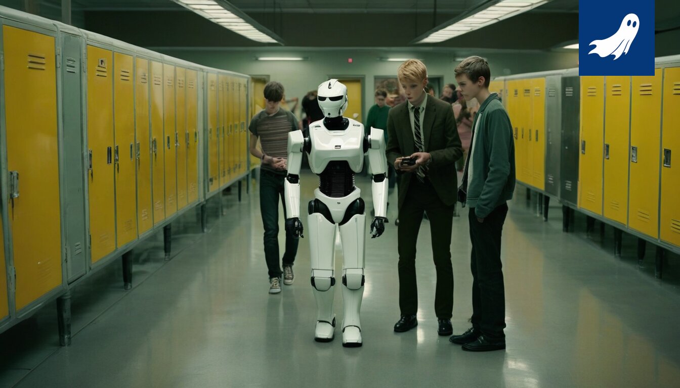 Sarjakuvamainen kuva robottipartioista vartioimassa koulun vessan ovea, oppilaat yrittävät piiloutua.
