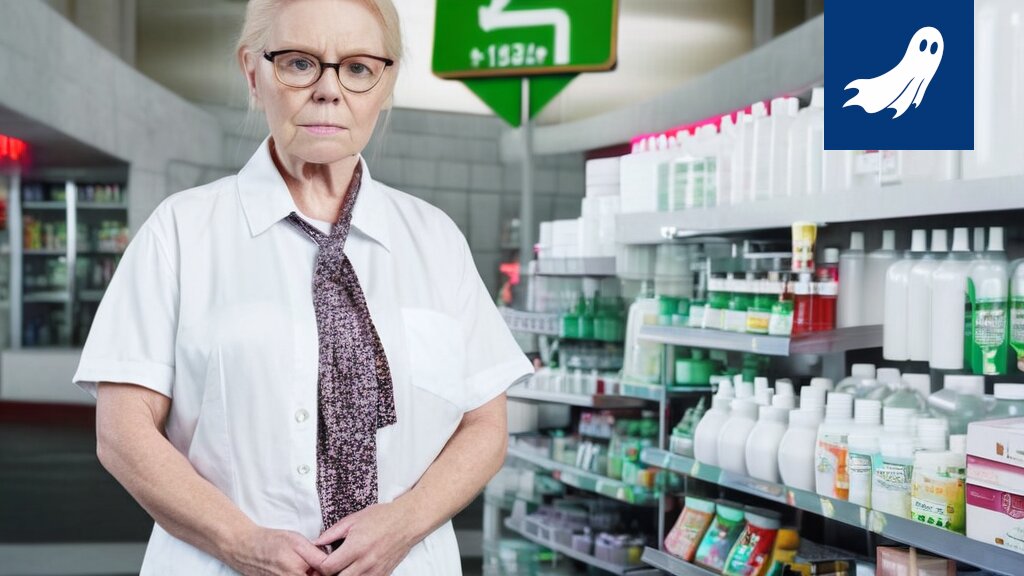 Satiirinen kuva Pirkanmaan apteekista metaversumissa, jossa lääkkeet ovat NFT-tokeneita.