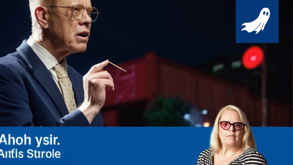 Sarjakuvamainen kuva Antti Lindtmanista analysoimassa kaavioita ja Viialan saunan purkutyömaata, symboloiden talouspolitiikan outoa yhteyttä.