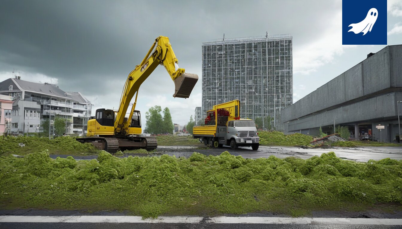 Stockmannin tavaratalo Tampereella, jossa näkyy futuristinen tekoälyliittymä ja purkutyöt Viialan alueella.