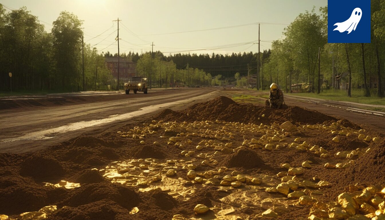 Kuvitteellinen kuva Haminan datakeskuksesta, jossa kultaharkot virtaavat palvelimista.