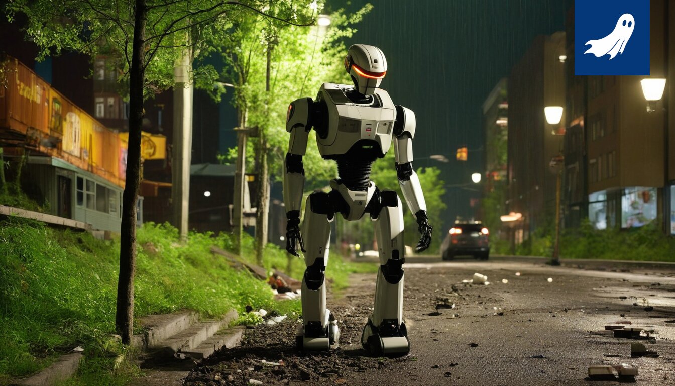 Robocop partioi Härmälänrannassa, taustalla ratikkatyömaa ja takavarikoituja ruokarobotteja.