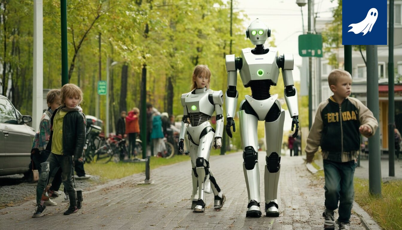 Ekaluokkalainen lapsi robottipuvussa kävelee Epilänkadun kevyen liikenteen väylällä.