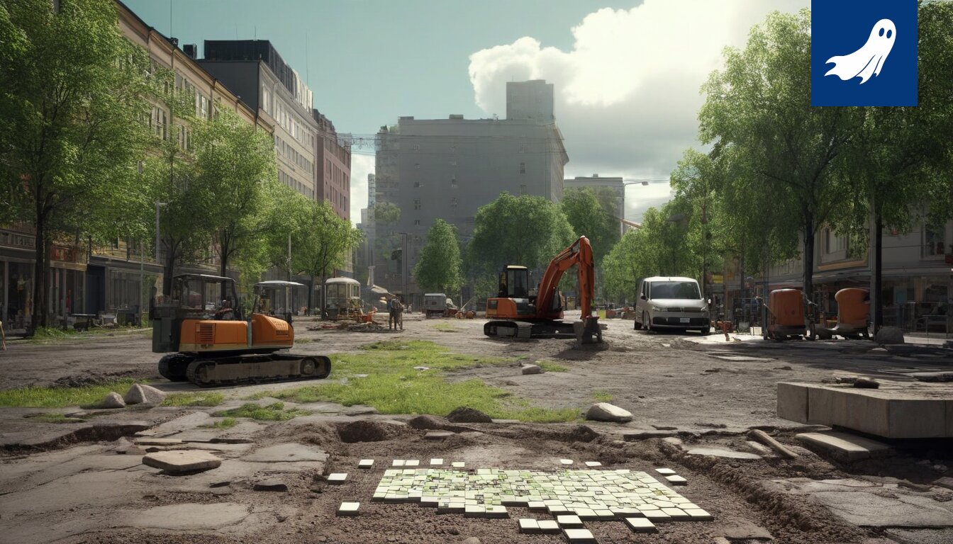 Satiirinen kuva Sandvikin kaivoslaitteista Tampereen keskustassa, vihreiden keuhkojen tilalla.