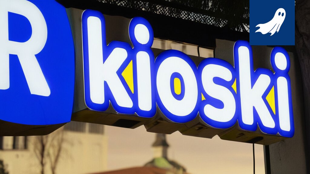 Sarjakuvamainen kuva suljetusta R-kioskista, jonka tilalle on ilmestynyt futuristinen Mikro-Optimointipiste.