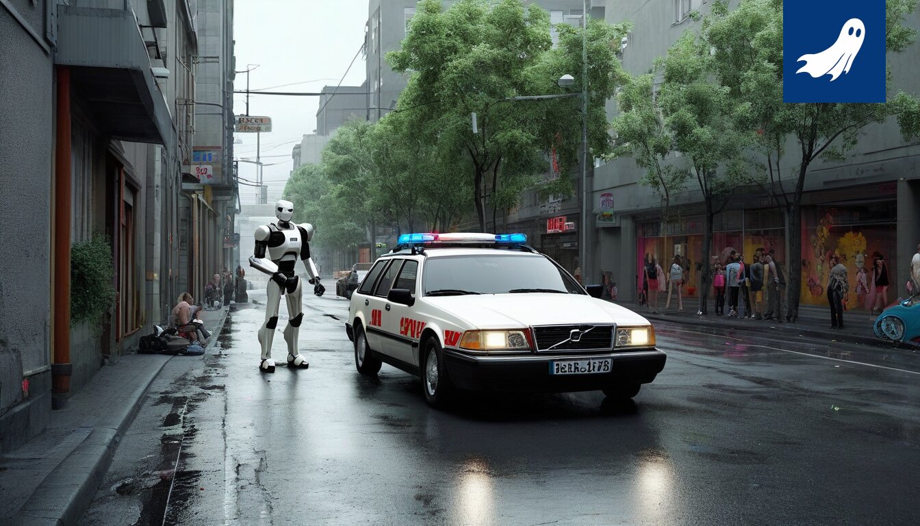 Robocop seisoo ruokarobottien keskellä Tampereen vilkkaalla kadulla, valvoen niiden suojatien ylityksiä.