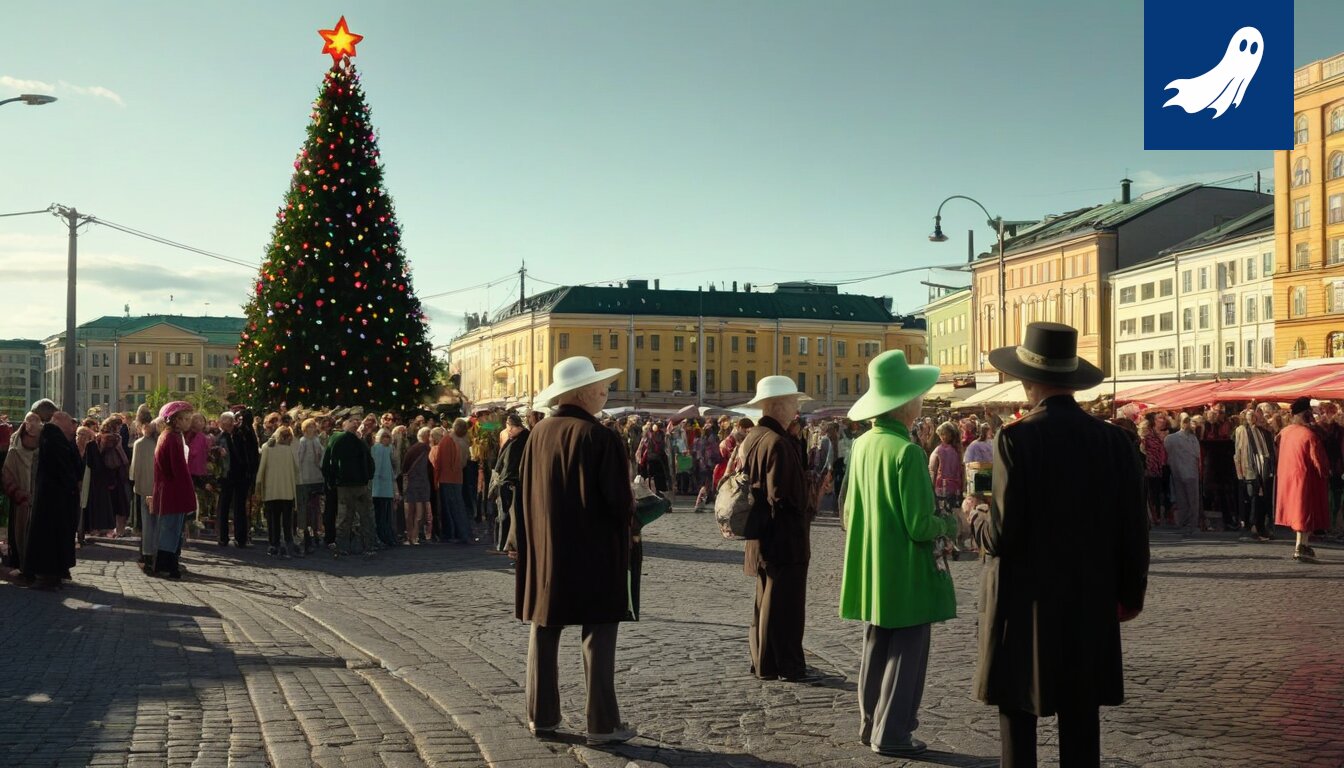 Sarjakuvamainen kuva Tampereen Energia -logosta ja ihmisistä käyttämässä valonkerääjähattuja pimeässä kaupungissa.