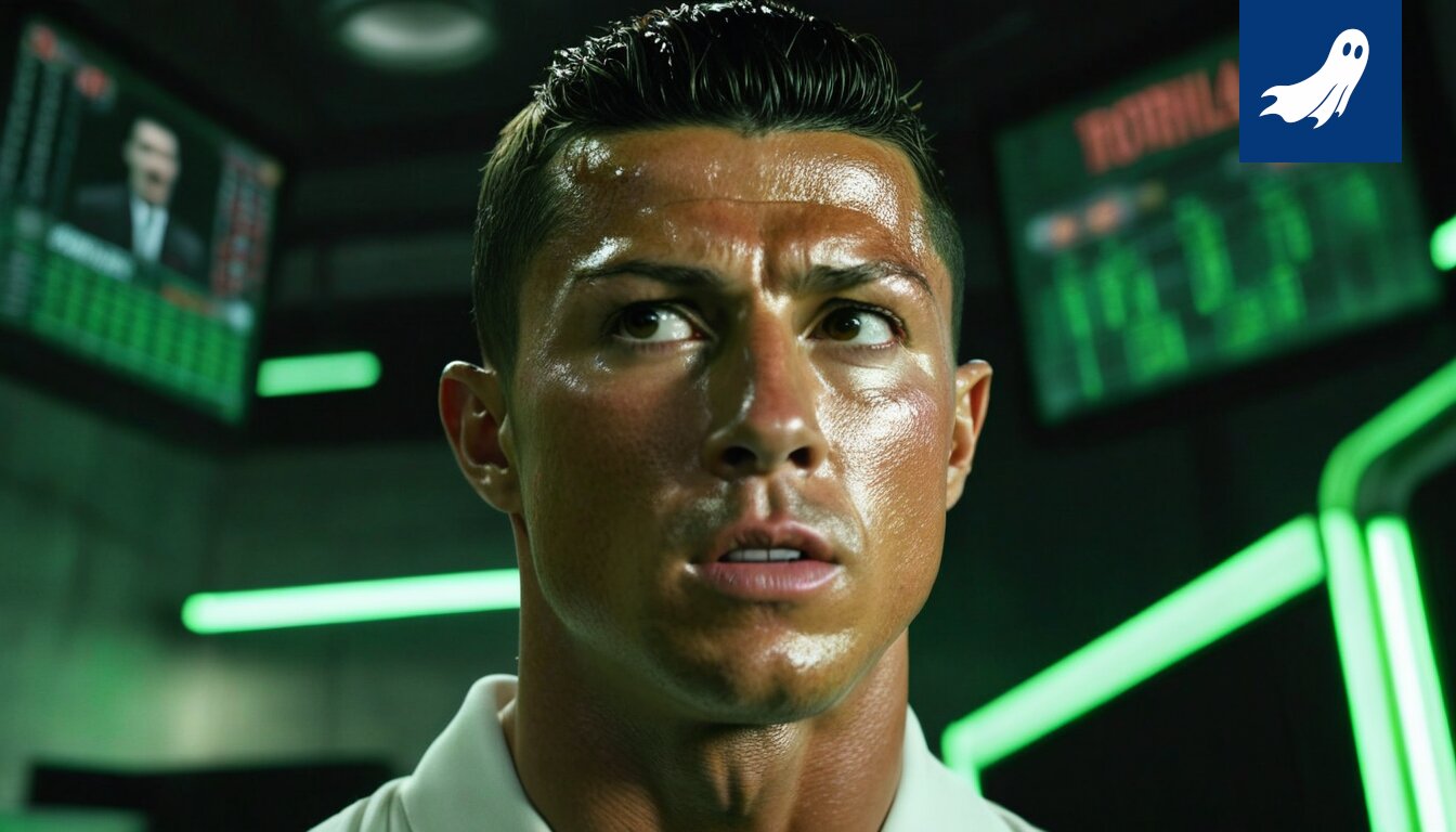 Cristiano Ronaldo istuu tilastokeskuksen pöydän ääressä, ja hänen ympärillään näkyy osakkeiden kaavioita ja vesipullo.