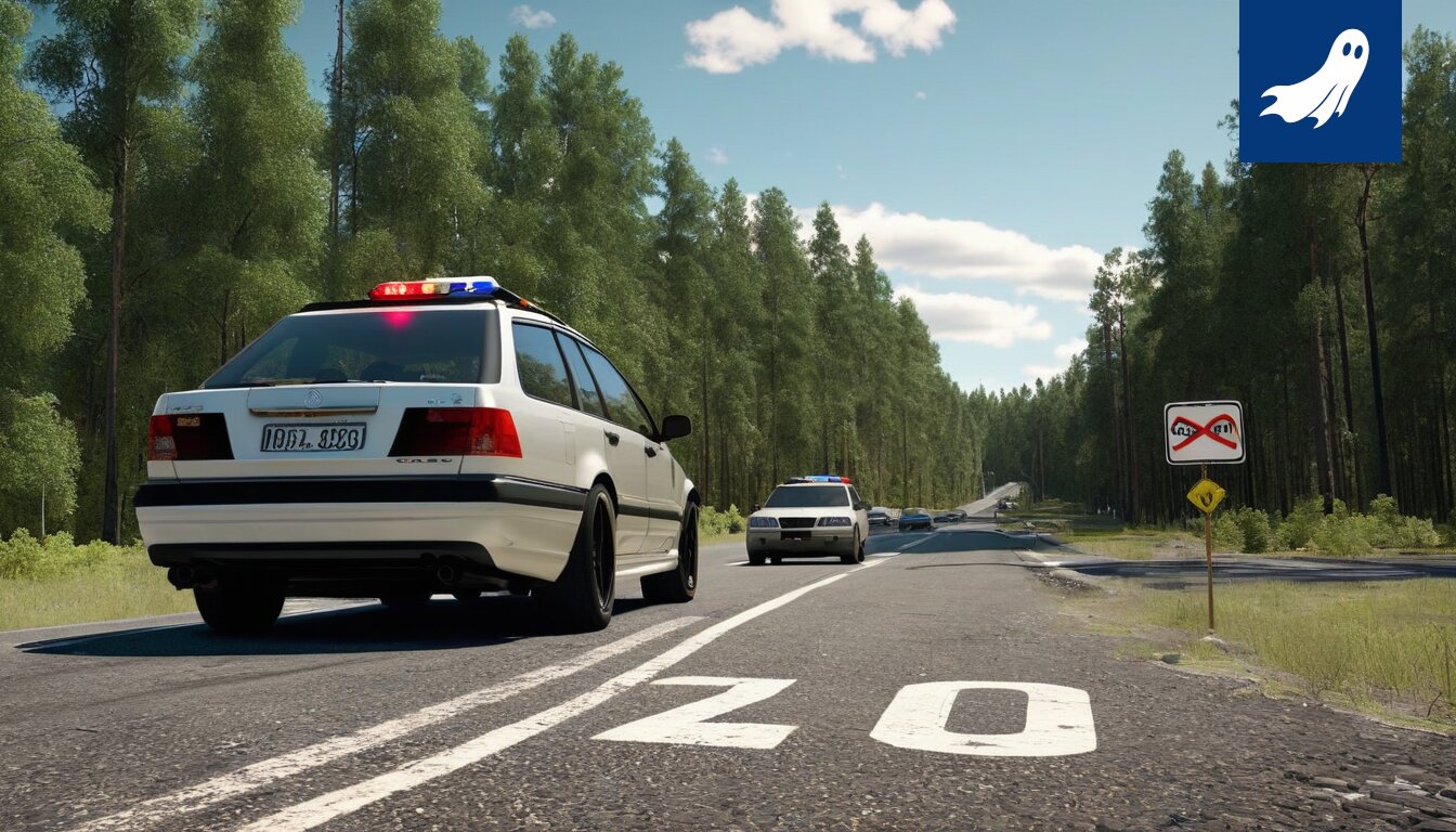 Robotti-poliisi pysäyttää karhun Hämeenkyrön tiellä, satiirinen uutiskuva.