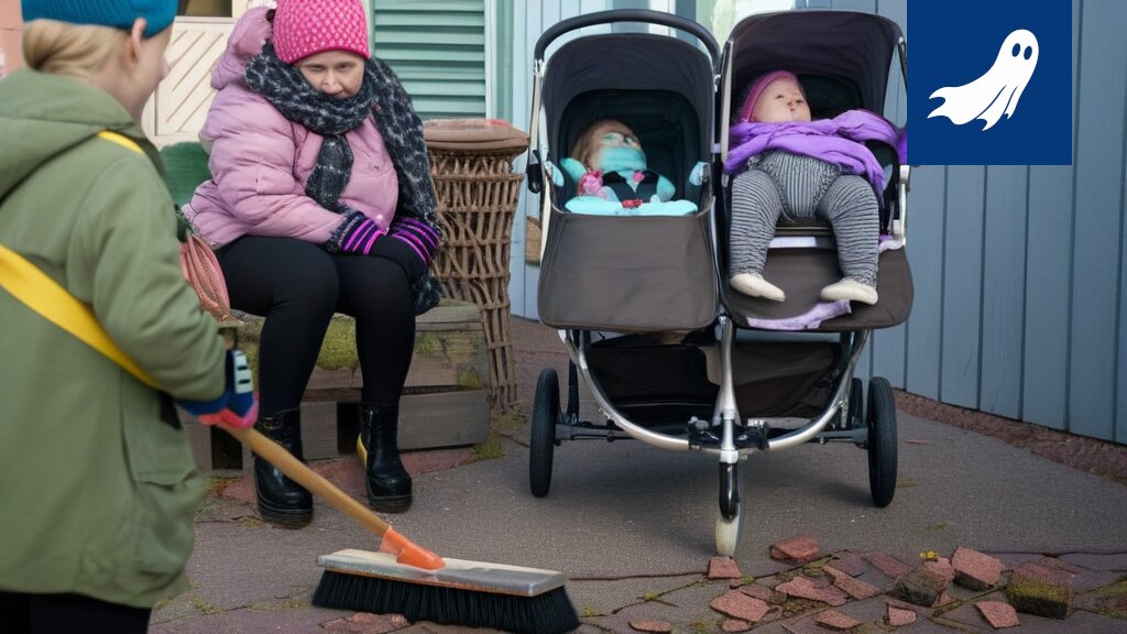 Sarjakuvamainen kuva Saara Tolosesta ja hänen lapsistaan, joilla kaikilla on puku päällään ja he työskentelevät tietokoneilla.