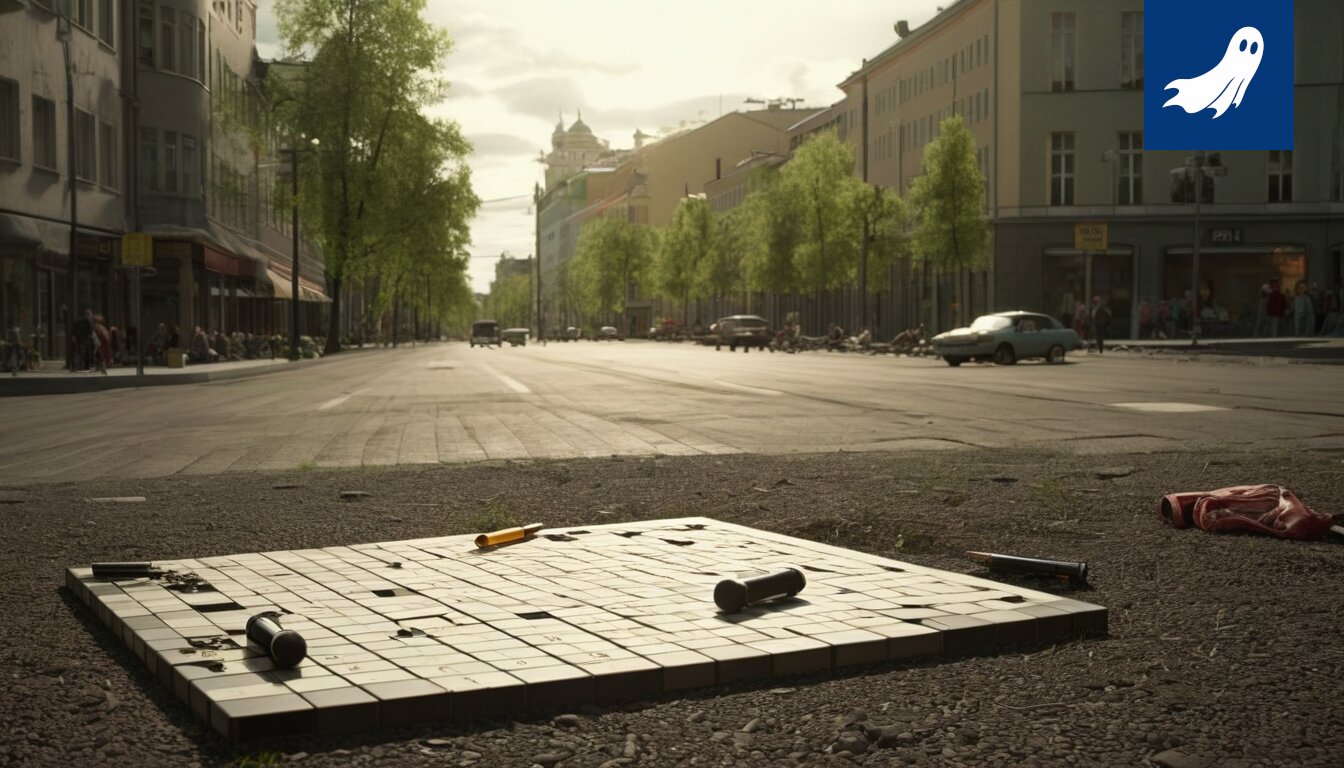 Sarjakuvamainen kuva Heikki Kuusniemestä teatterisalissa, jossa aika näyttää vääristyvän.