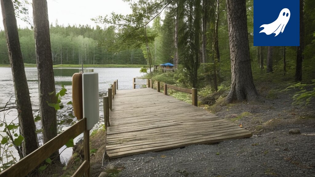 Esteetön kalastuslaituri Suolijärvellä, taustalla Hervannan maisemaa.