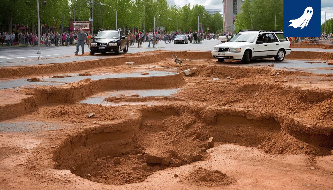 Kuva sortuneesta kaivannosta Tampereessa, jonka päälle rakennetaan uutta ostoskeskusta.