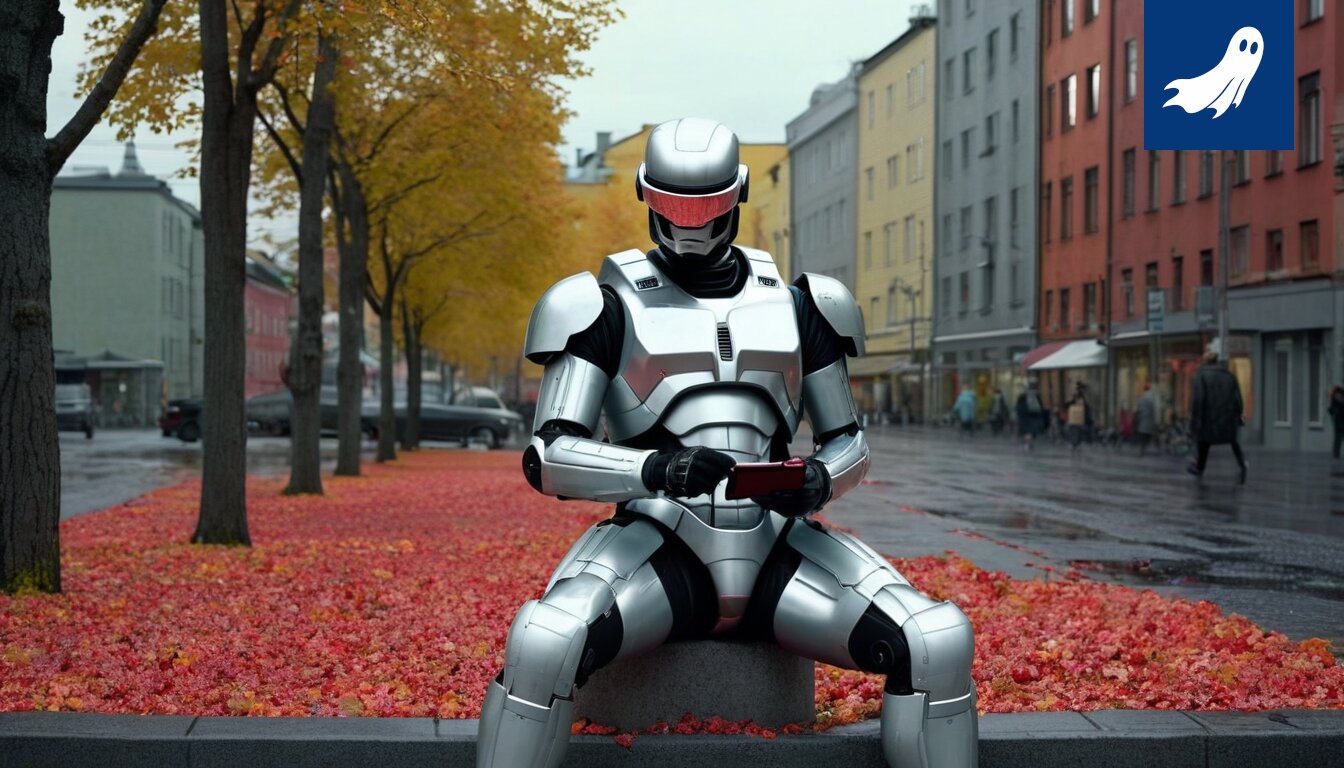 Robocopin valvontabotti analysoi takavarikoituja esineitä Tampereen keskustassa ja päättää värien poistamisesta.