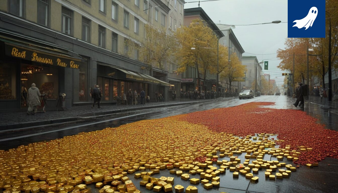 Satiirinen kuva Tampereen kultakorujen pörssilistauksesta, jossa sormukset esitetään osakkeina.