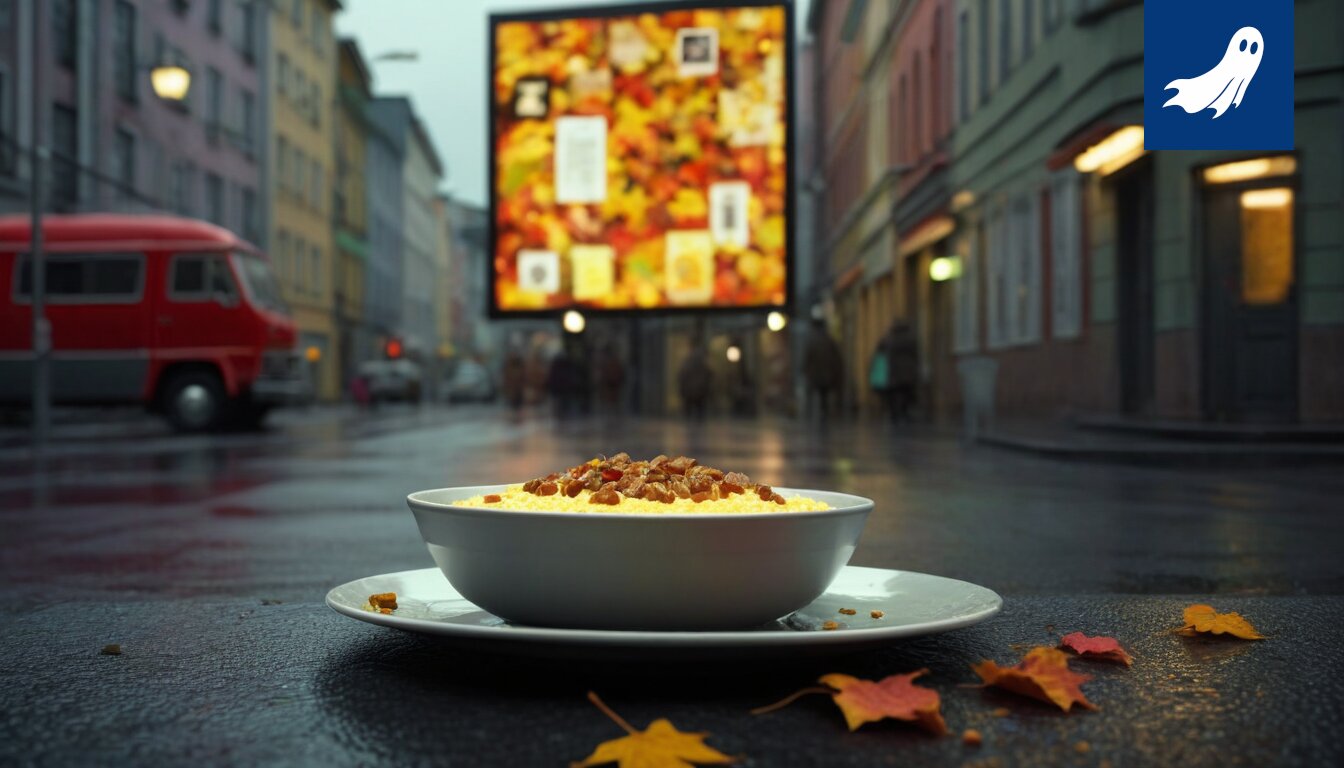 Sarjakuvamainen kuva pimeässä syömässä henkilöstä puurokulho kädessään, symboloiden Hehku Energian palvelun vaikutuksia.