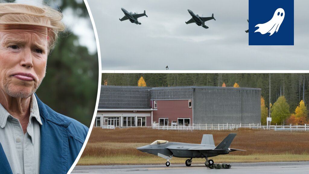 F-35-hävittäjä lentää ympyrää Lapin taivaalla, muuttuneena luksuspalveluksi.