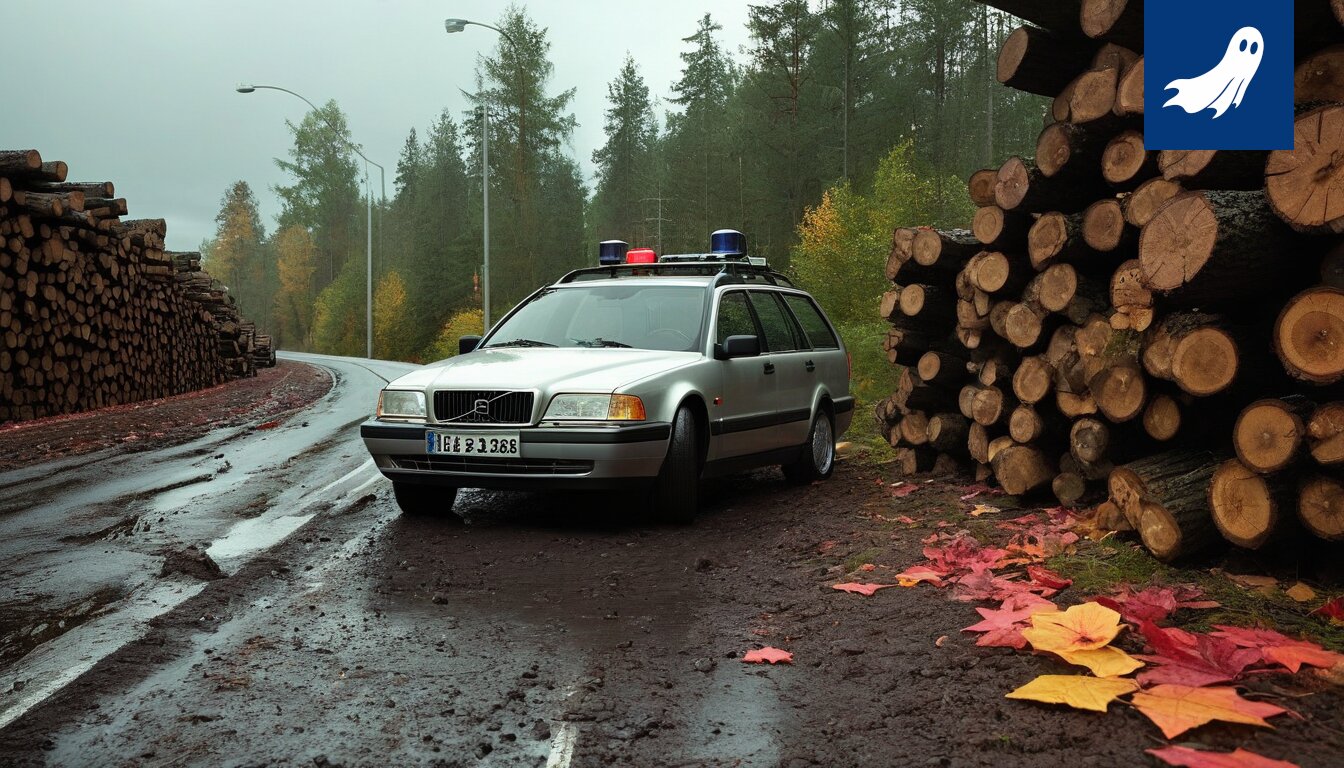 Ojanpohjassa seisoo rekka, jonka kyljessä lukee 'Rekistan' ja sen edessä Robocop-robotti.