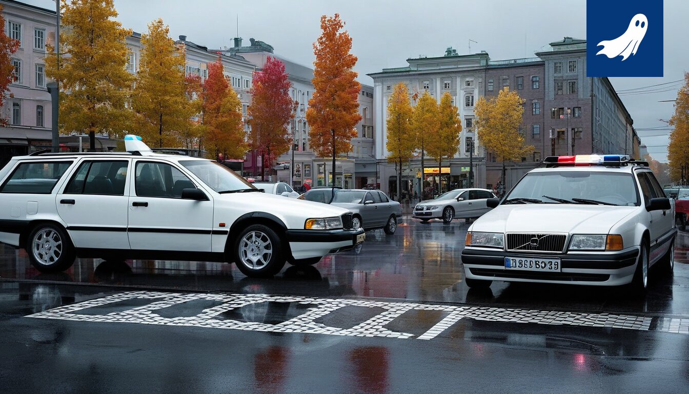 Sarjakuvamainen kuva tekoälyn hallitsemasta kaupunkimaisemasta, jossa parkkipaikat on korvattu hologrammireklaameilla.