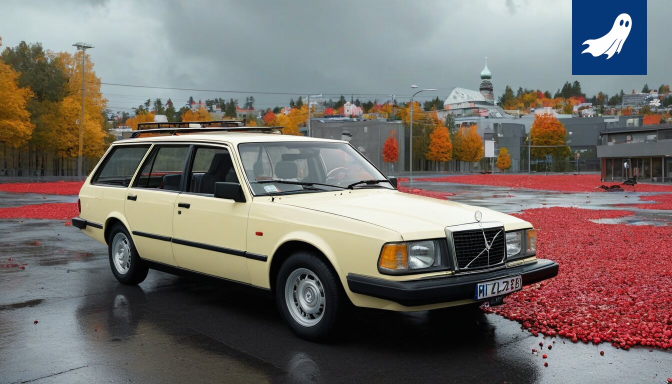 Harmaaksi maalattu Toyota Corolla siivillä lentää Tampereen yllä, epäonnistuneen töyskytestin jälkeen.
