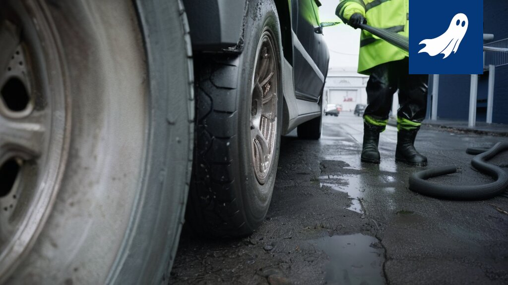 Robocop valvoo liikennettä Tampereen Ruskon teollisuusalueella, taustalla yllättynyt johtaja.