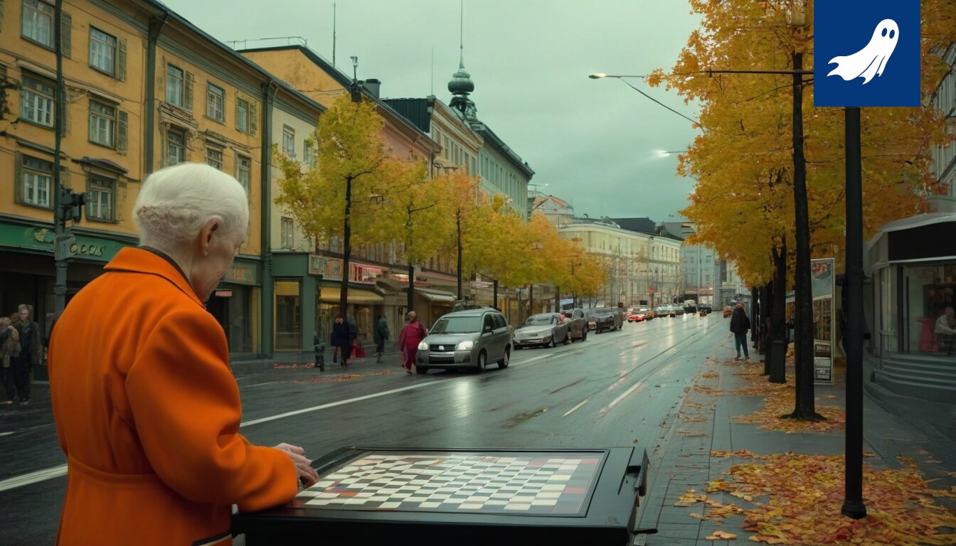 Sarjakuvamainen kuva tamperelaisesta mummosta bingoa pelaamassa, osakkeet nousemassa taustalla.