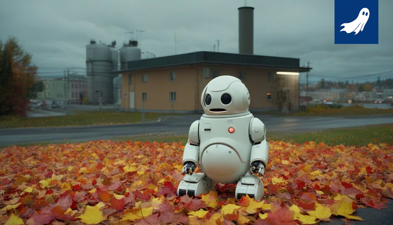 Sarjakuvamainen kuva robottikädestä, joka ojentaa osakekirjaa vanhuksen kasvojen yläpuolella, taustalla kylmiö.