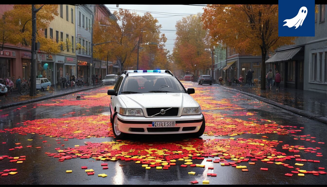 Kuvassa näkyy sekasortoa jalkapallokentällä, jossa mopoautoja ja kulhotukkeja on mukana pelissä.