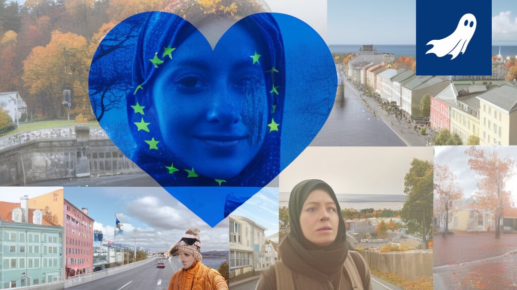 Sarjakuvamainen kuva Tampereen kaupungintalosta, jonka yllä leijuu selfie-kuvia ja digitaalisia valuuttasymboleita.