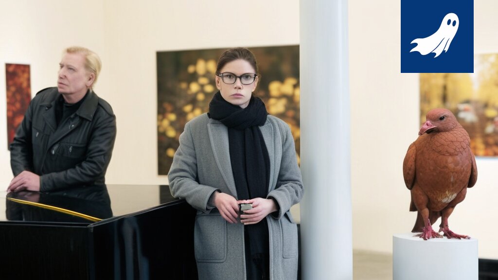 Satiirinen kuva taidegallerian tyhjistä seinistä ja robottien jakamista mainoksista.