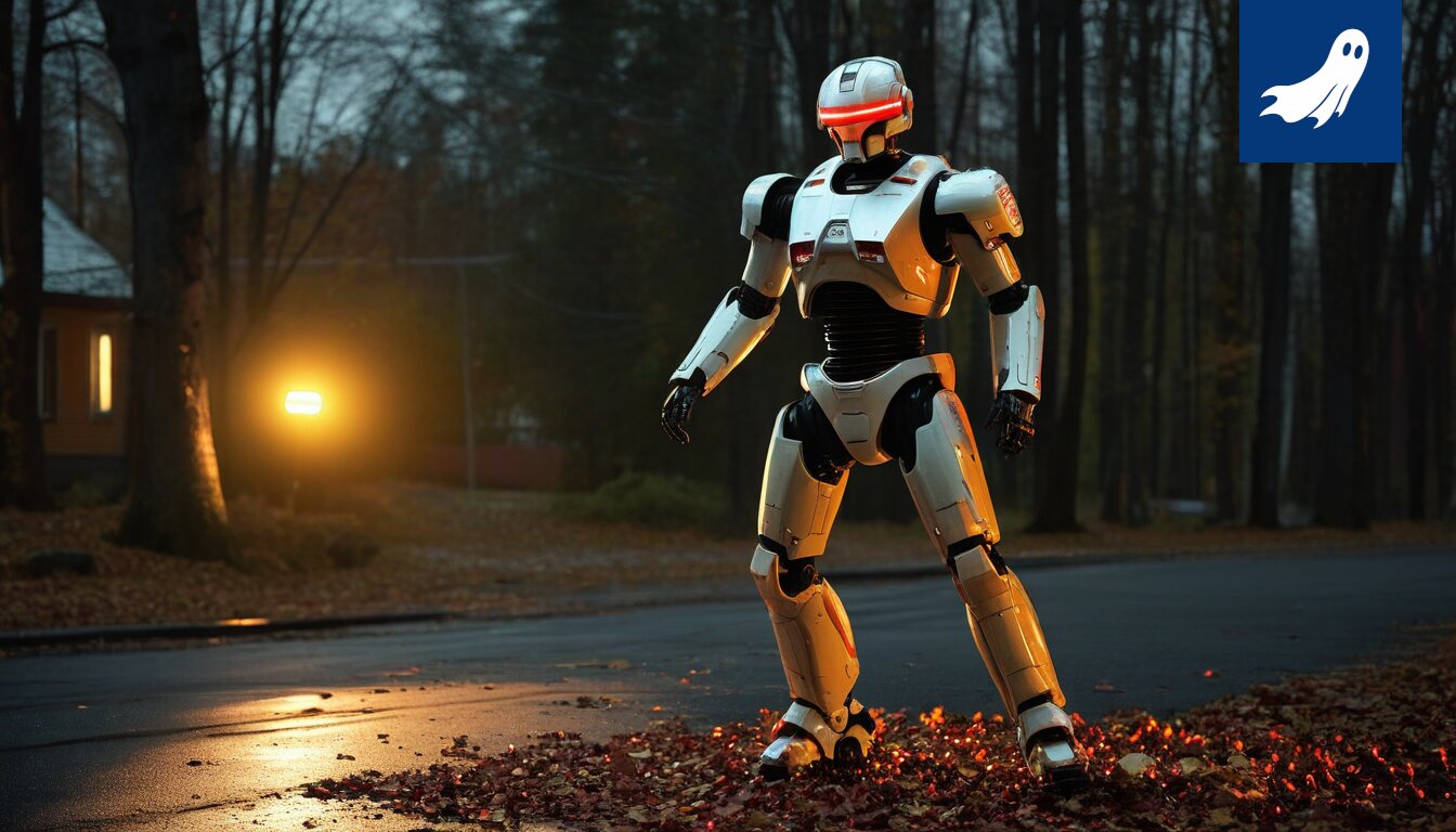 Robocop seisoo Ilveksen maalivahdin varusteissa Tampereen jäähallilla, taustalla hämmentyneitä katsojia.