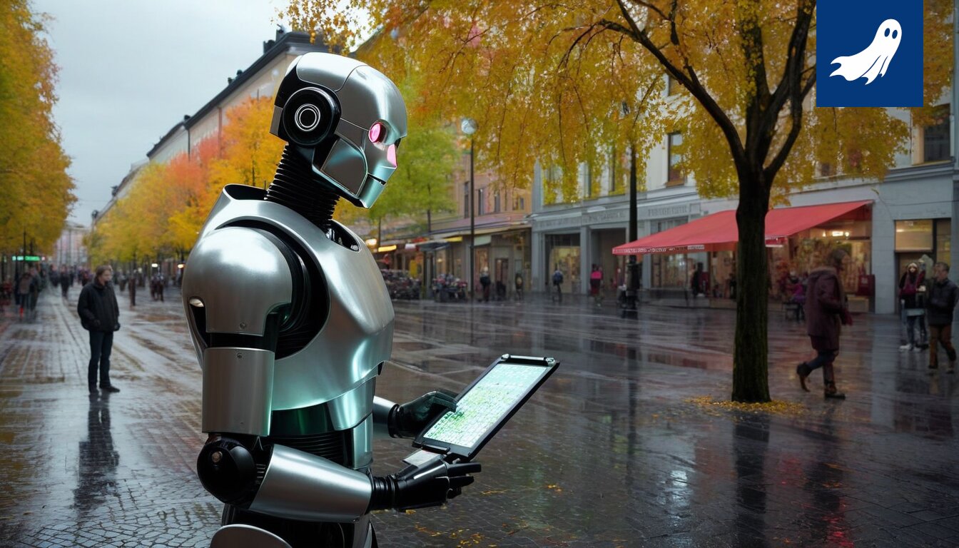Sarjakuvamainen kuva Tampereen kaupungintalosta, jossa robotit opettavat lapsia.
